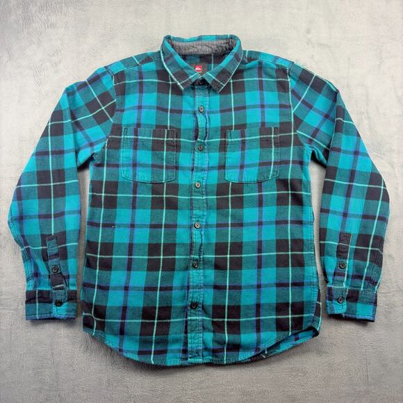 Quicksilver Flannel Shirt Men Medium Blue Plaid Long Sleeve Button Up Y2K Skater - Picture 1 of 8
